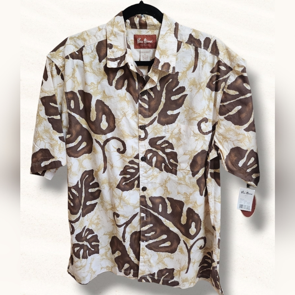 Pau Hana Shirt Adult L Beige Brown Floral Hawaiian Aloha Camp Casual Men NWT